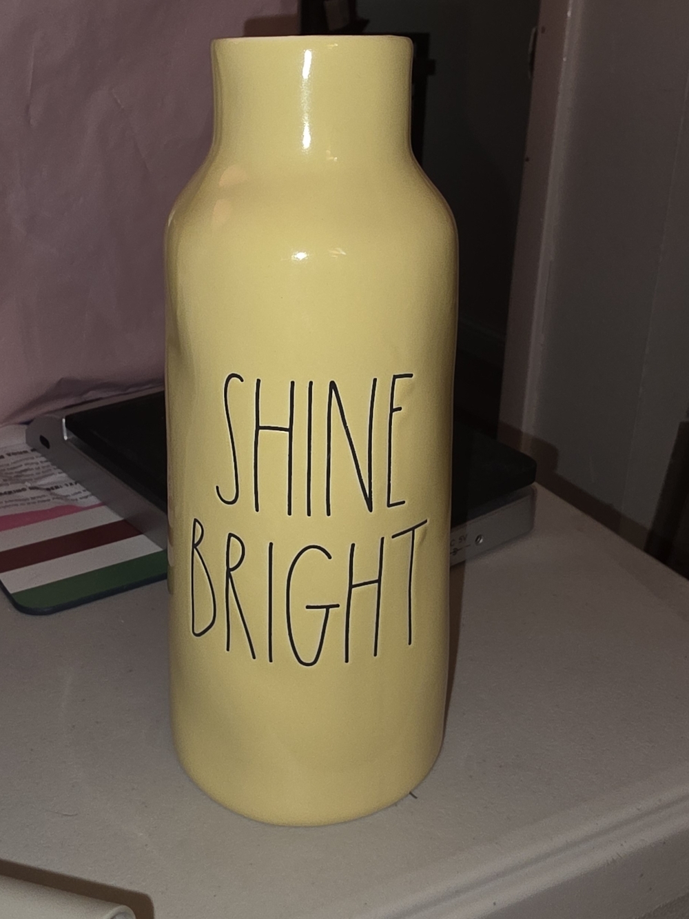 Rae Dunn Yellow Gloss Ceramic Vase with 'SHINE BRIGHT' Text